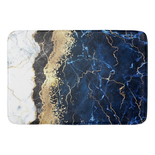 Blauw Zwart Wit Marmeren Glam Badmat (Voorkant)