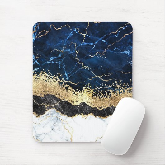 Blauw Zwart Wit Marmeren Glam Muismat (Met muis)
