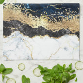 Blauw Zwart Wit Marmeren Glam Theedoek (Gevouwen)