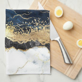 Blauw Zwart Wit Marmeren Glam Theedoek (Quarter Fold)