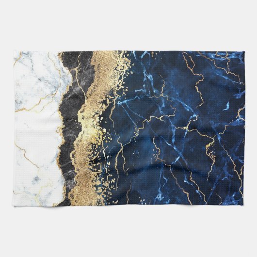 Blauw Zwart Wit Marmeren Glam Theedoek (Horizontaal)