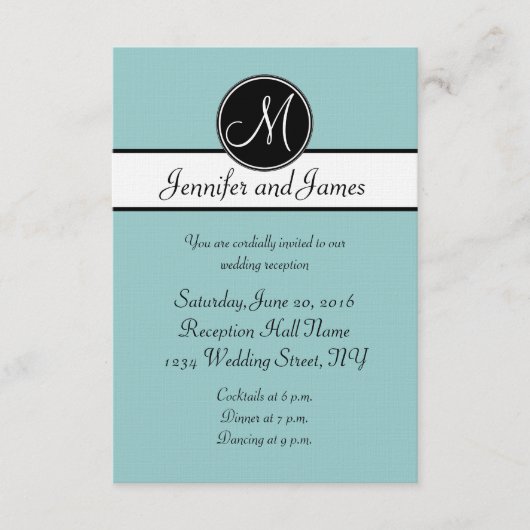 Blauw Zwart Wit Monogram Trouw Ontvangstkaarten Informatiekaartje (Voorkant)