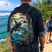 Blauw Zwart Wit Orka Whale Stain Glass look Bedrukte Rugzak