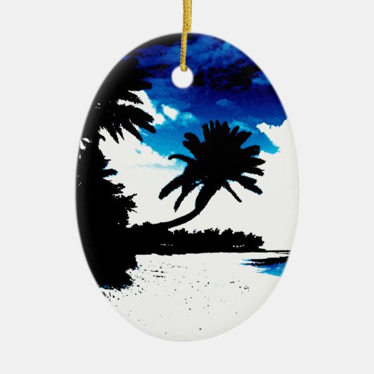 Blauw Zwart Wit Palm Tree Beach Ornament (Voorkant)