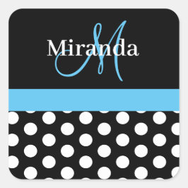 Blauw Zwart Wit Polka Dot Monogram Vierkante Sticker