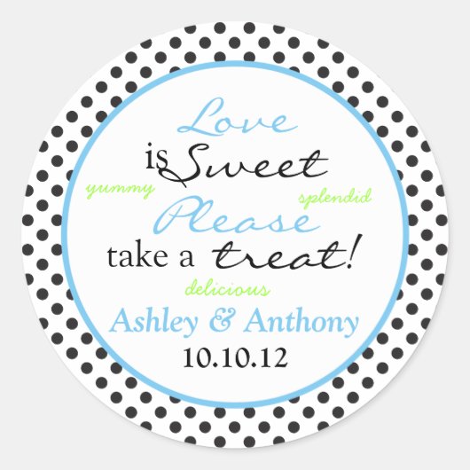 Blauw Zwart Wit Polka Dot Snoep Buffet Stickers (Voorkant)