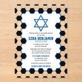 Blauw Zwart Wit Voetbal Bar Mitzvah Acryl Uitnodigingen (Voorkant)