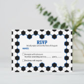 Blauw Zwart Wit Voetbal Bar Mitzvah RSVP Kaartje (Staand voorkant)