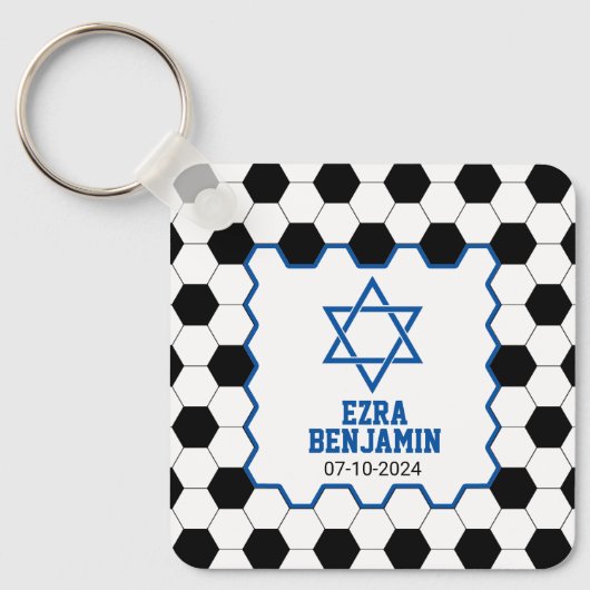 Blauw Zwart Wit Voetbal Bar Mitzvah Sleutelhanger (Voorkant)