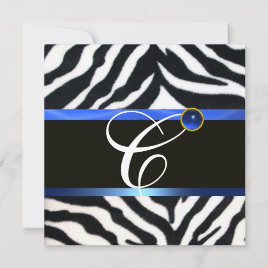 BLAUW ZWART WIT ZEBRA VEL MONOGRAM, Saffier Kaart (Voorkant)