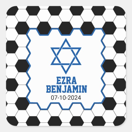 Blauw Zwart Witte Voetbal Bar Mitzvah Vierkante Sticker (Voorkant)