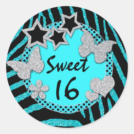 Blauw Zwart Zilver FAUX Glitter Sweet 16 Sticker (Voorkant)