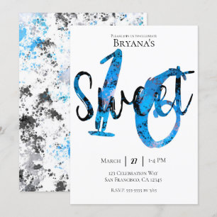 Blauw Zwart Zilver Spatten Sweet 16 Verjaardag Kaart