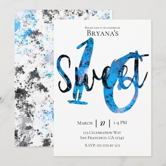 Blauw Zwart Zilver Splatter Sweet 16 Verjaardag Kaart (Voorkant / Achterkant)