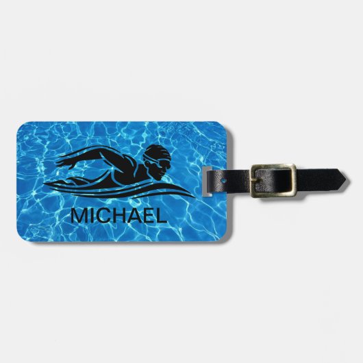 Blauw Zwart Zwemmer Zwembad Water Custom Bagagelabel (Voorkant horizontaal)