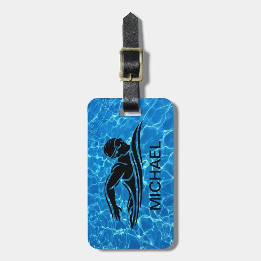 Blauw Zwart Zwemmer Zwembad Water Custom Bagagelabel (Voorkant verticaal)