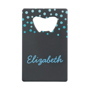 Blauw-zwarte confetti creditkaart flessenopener