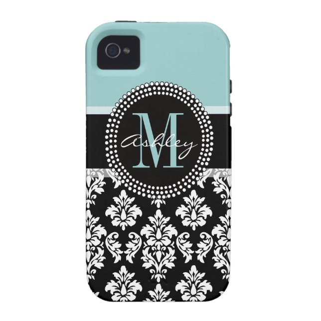 BLAUW, ZWARTE DAMASK, UW MONOGRAM, JOUW NAAM Case-Mate iPhone CASE (Achterkant)