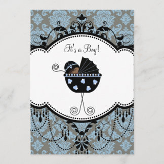Blauw Zwarte Damast Baby Jongens Verjaardagsuitnod Kaart