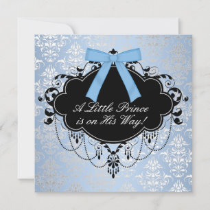 Blauw Zwarte Damast Prins Baby Shower Kaart