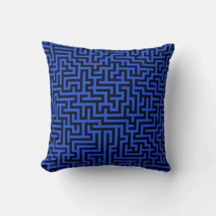 Blauw Zwarte Doolhoflijnen Kussen
