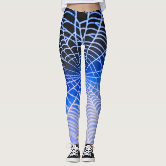 Blauw Zwarte Enge Griezelen Spinnenweb Leggings (Voorkant)