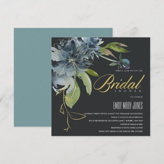 BLAUW ZWARTE GOLD WATERVERF VRIJGEZELLENFEEST KAART (Voorkant / Achterkant)