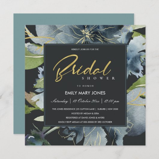 BLAUW ZWARTE GOLD WATERVERF VRIJGEZELLENFEEST KAART (Voorkant / Achterkant)