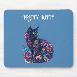 Blauw Zwarte Kat Bloemen Mooie Kitty Muismat