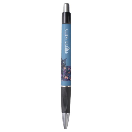 Blauw Zwarte Kat Bloemen Mooie Kitty Pen (Voorkant Verticaal)