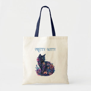 Blauw Zwarte Kat Bloemen Mooie Kitty Tote Bag