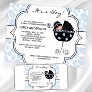 Blauw Zwarte Luipaard Baby Jongen Shower Uitnodigi Kaart