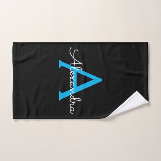 Blauw Zwarte Meisjesachtige Script Monogram Naam Handdoek (Handdoek)