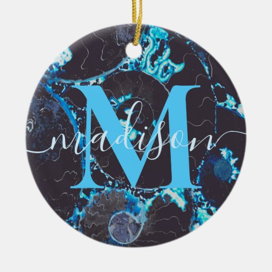 Blauw zwarte Nautilus shell patroon, bang meetkund Keramisch Ornament (Voorkant)