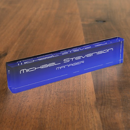 Blauw zwarte professionele moderne desktop naambordje (Zijkant)