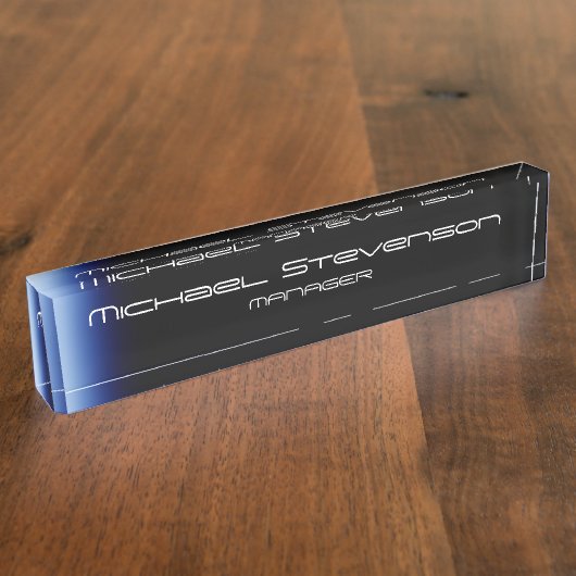 Blauw zwarte professionele moderne desktop naambordje (Zijkant)