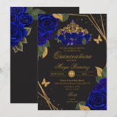 Blauw Zwarte Rozen Tiara Gouden Glitter Quinceañer Kaart (Voorkant / Achterkant)