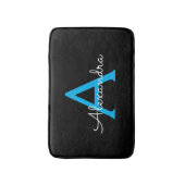 Blauw Zwarte Script Meisjesachtige Monogram Naam Badmat (Voorkant Verticaal)