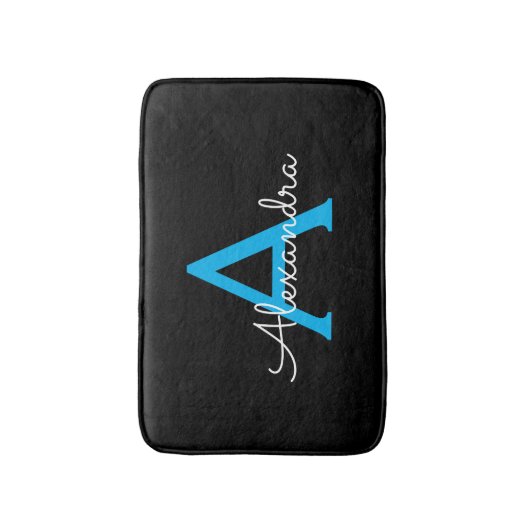 Blauw Zwarte Script Meisjesachtige Monogram Naam Badmat (Voorkant Verticaal)