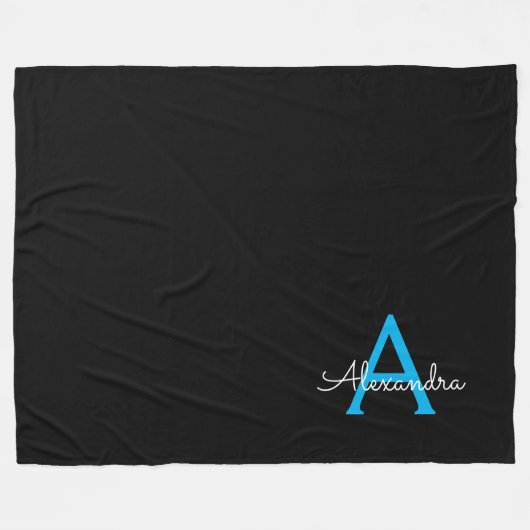 Blauw Zwarte Script Meisjesachtige Monogram Naam Fleece Deken (Voorkant (Horizontaal))