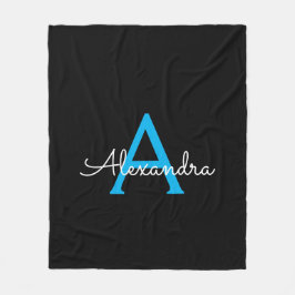 Blauw Zwarte Script Meisjesachtige Monogram Naam Fleece Deken