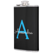 Blauw Zwarte Script Meisjesachtige Monogram Naam Heupfles (Links)