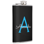 Blauw Zwarte Script Meisjesachtige Monogram Naam Heupfles (Rechts)