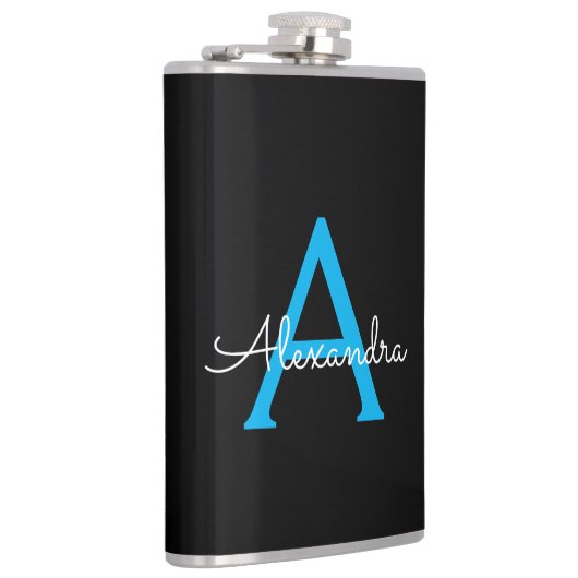 Blauw Zwarte Script Meisjesachtige Monogram Naam Heupfles (Rechts)