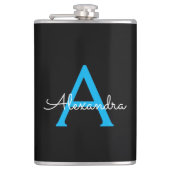 Blauw Zwarte Script Meisjesachtige Monogram Naam Heupfles (Voorkant)