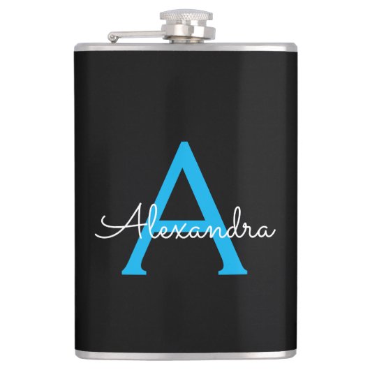 Blauw Zwarte Script Meisjesachtige Monogram Naam Heupfles (Voorkant)