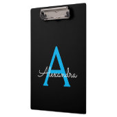 Blauw Zwarte Script Meisjesachtige Monogram Naam Klembord (Links)