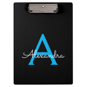 Blauw Zwarte Script Meisjesachtige Monogram Naam Klembord