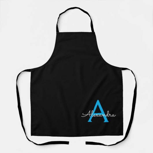 Blauw Zwarte Script Meisjesachtige Monogram Naam Schort (Voorkant)