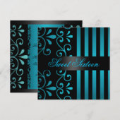 Blauw/Zwarte Streep & Swirl Sweet 16 Uitnodiging (Voorkant / Achterkant)